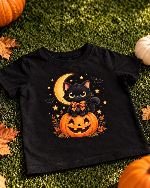 Black kids Halloween t-shirt with a black cat in an orange bow sitting on a jack-o'-lantern under a crescent moon