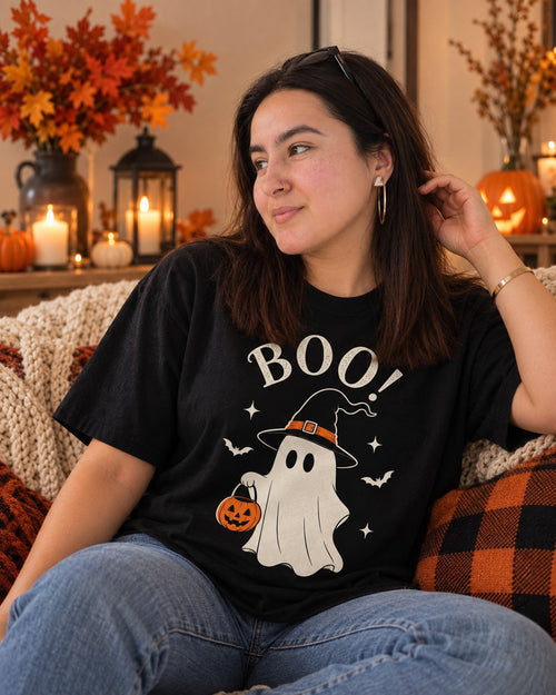 Woman wearing a black t-shirt printed with BOO and a ghost in a witch hat holding a pumpkin bucket
