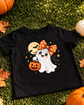 Black kids Halloween t-shirt with a ghost wearing an orange bow and carrying a pumpkin candy bucket