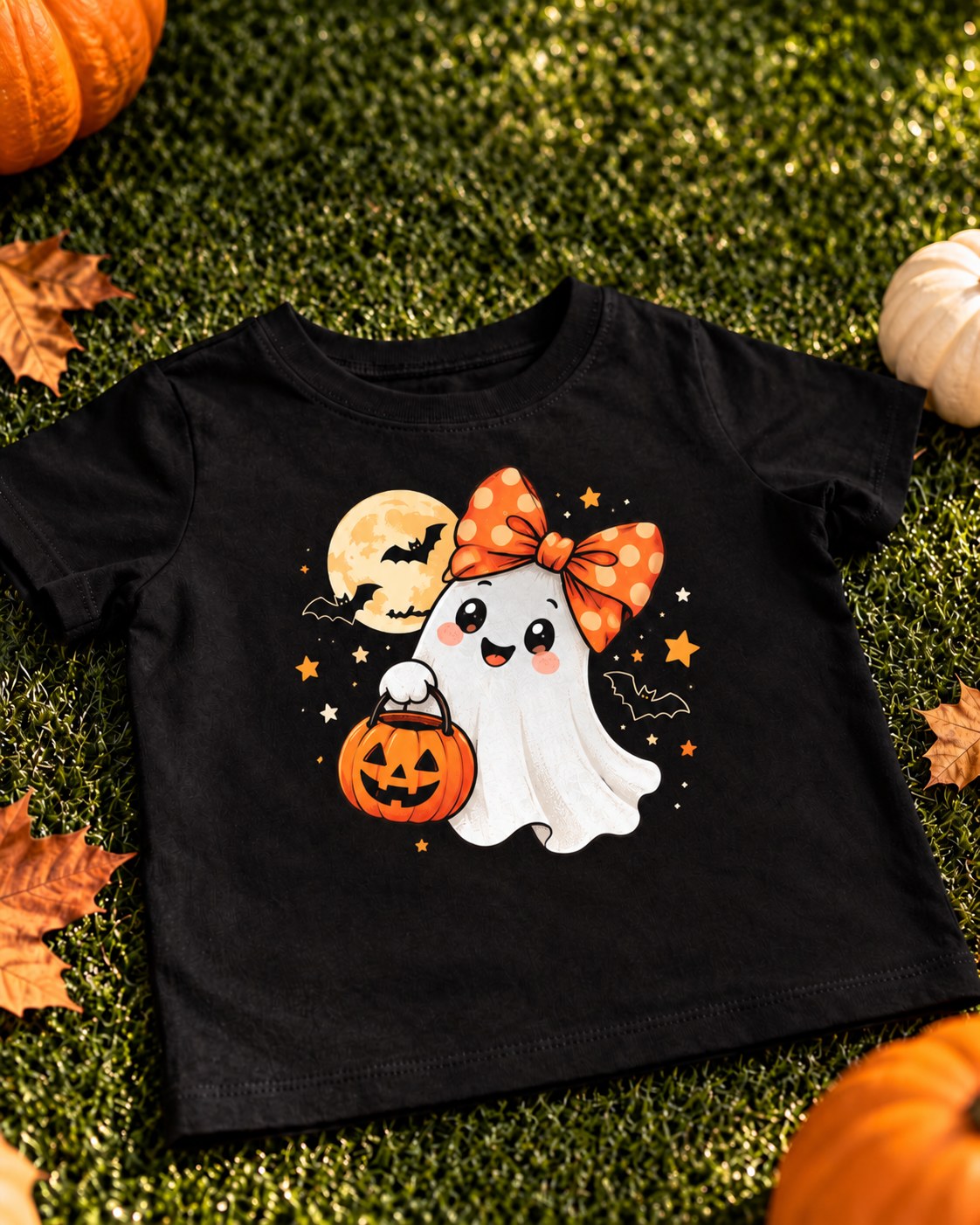 Black kids Halloween t-shirt with a ghost wearing an orange bow and carrying a pumpkin candy bucket