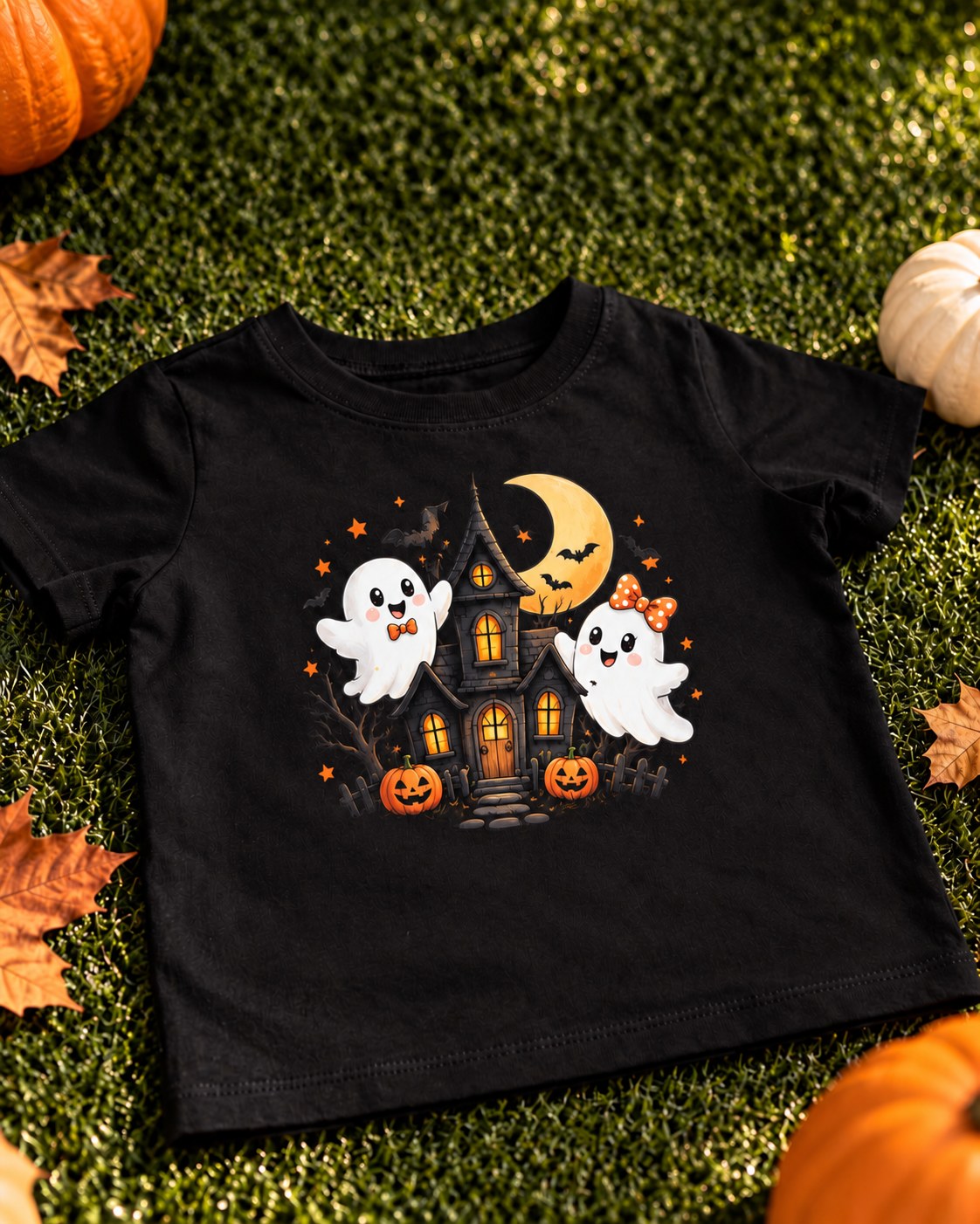 Black kids Halloween t-shirt with two friendly ghosts in front of a haunted house under the moon