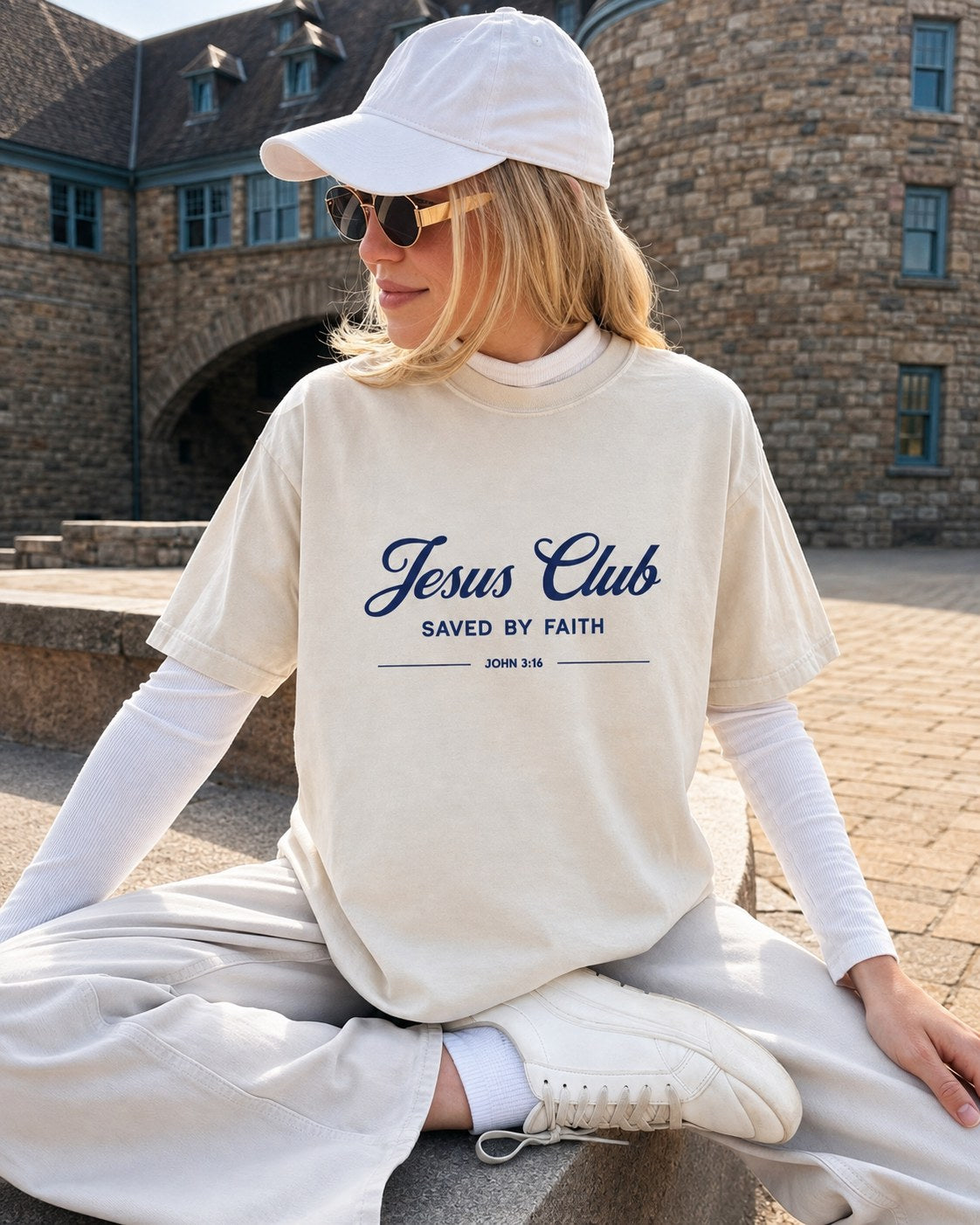 Woman wearing a cream t-shirt printed with Jesus Club, Saved by Faith, John 3:16