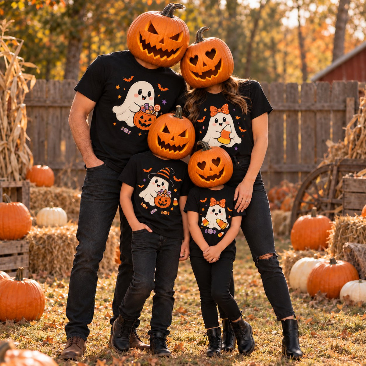 Family of four wearing matching black Halloween t-shirts with a candy ghost design