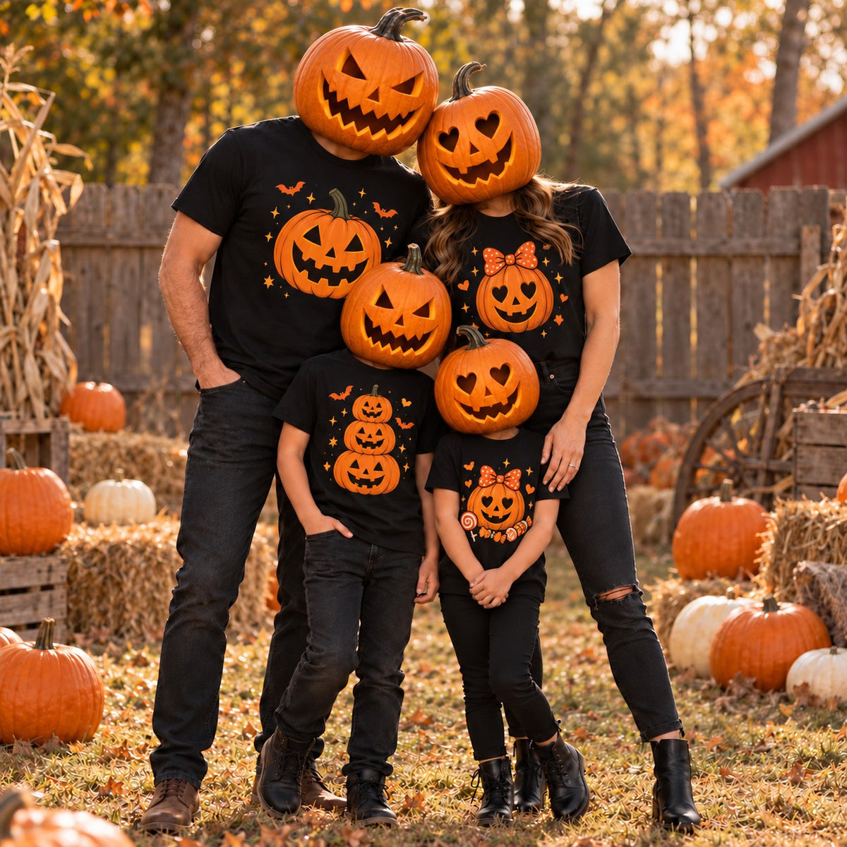 Family of four wearing matching black Halloween t-shirts with a jack-o'-lantern pumpkins design