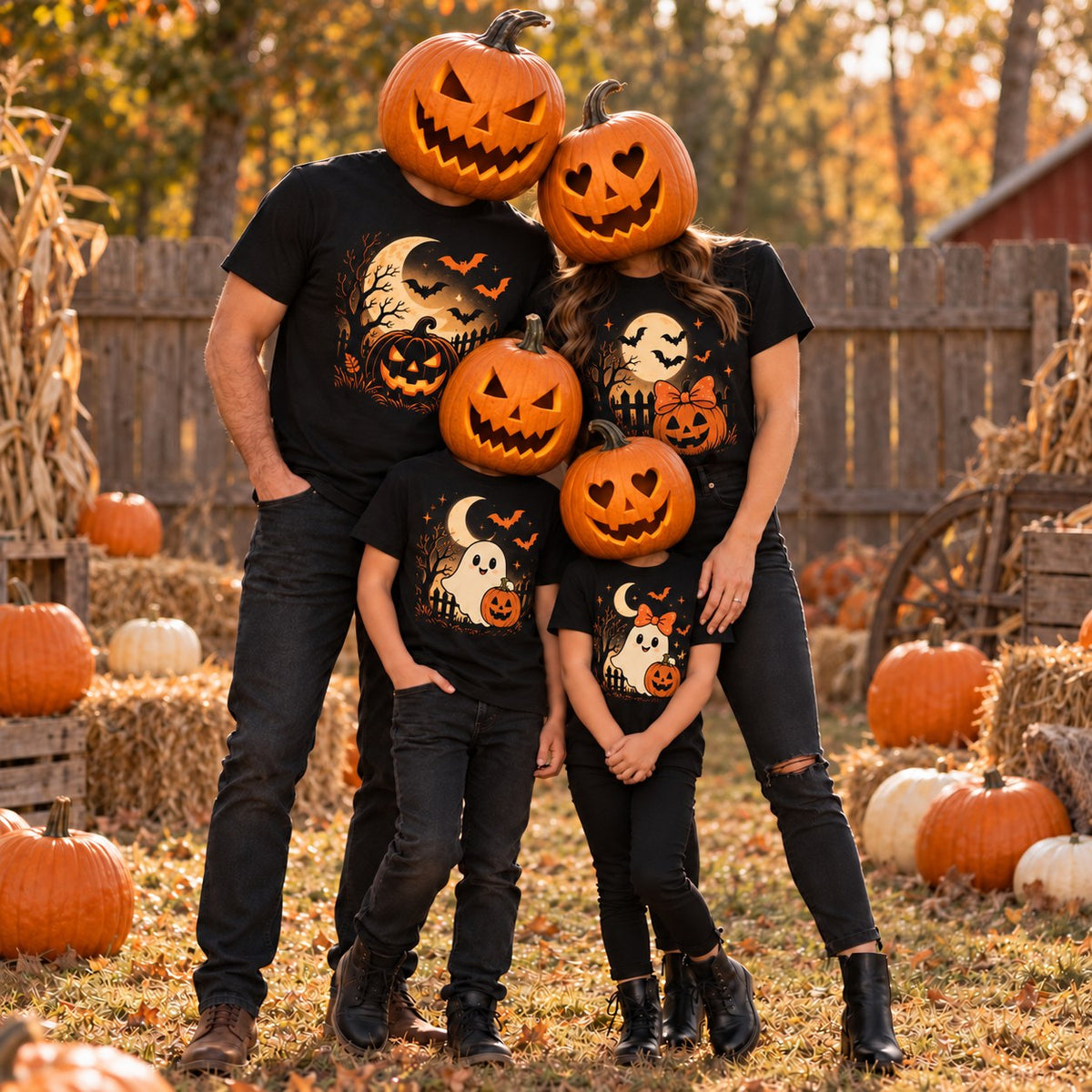 Family of four wearing matching black Halloween t-shirts with a moonlit haunted night design