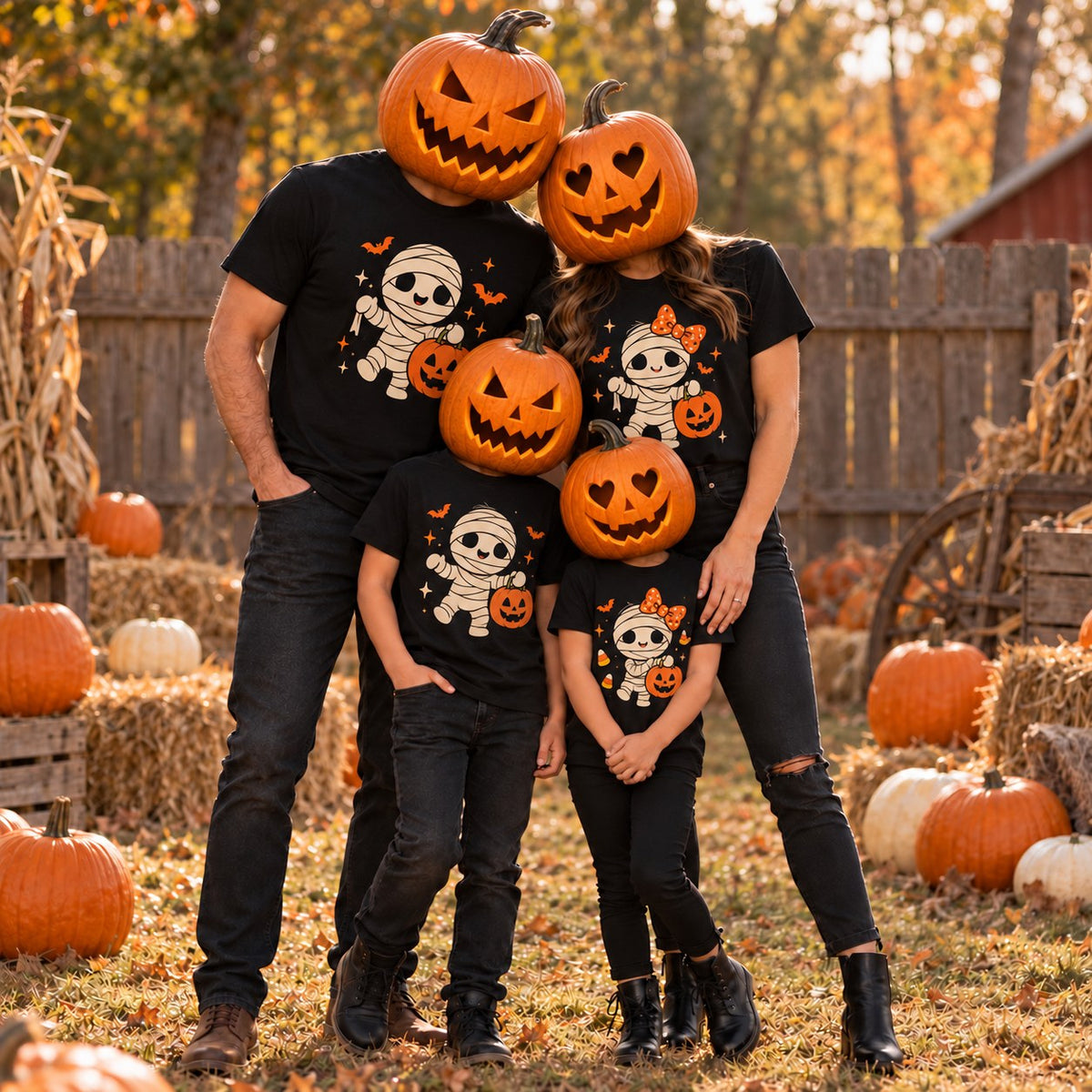 Family of four wearing matching black Halloween t-shirts with a mummy design