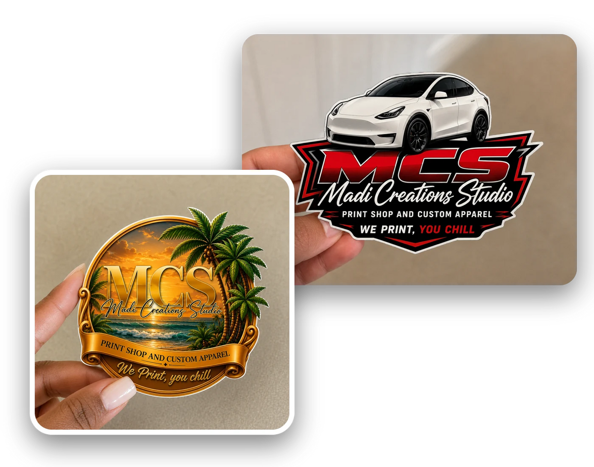 Two custom die-cut MCS stickers held in hand: a round sticker with palm trees and a car sticker
