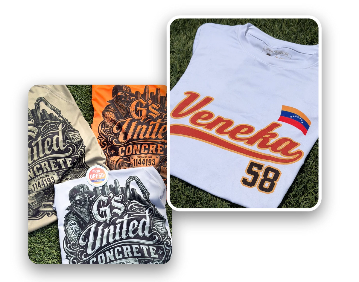 Custom printed polyester T-shirts: concrete company work shirts and a white baseball-style jersey