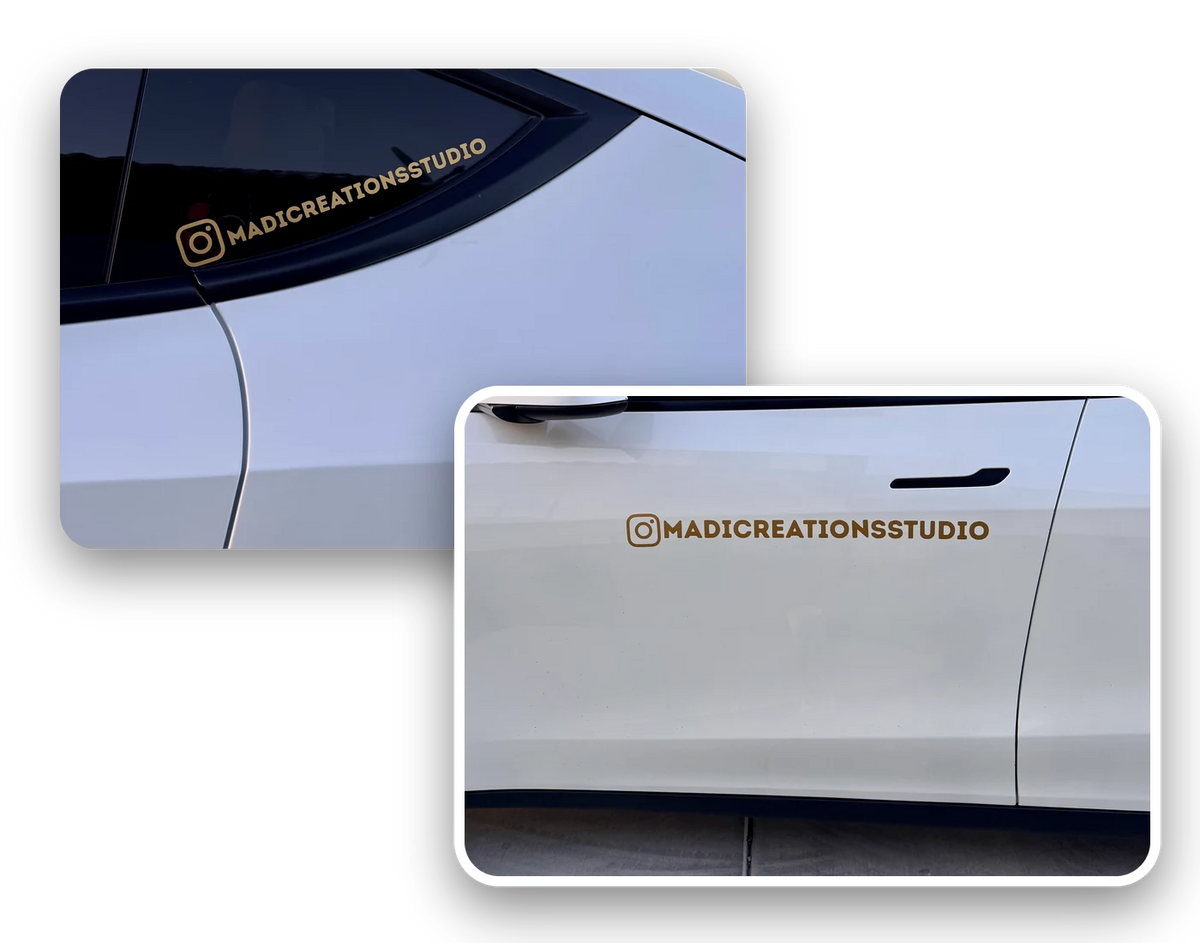 Custom gold vinyl decals applied on a white car window and door