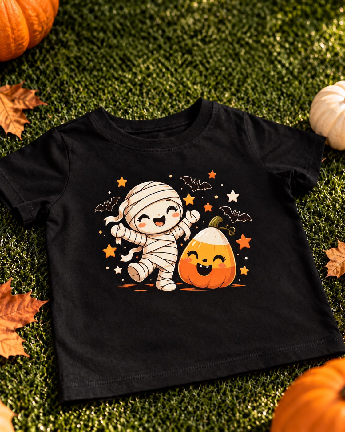 Black kids Halloween t-shirt with a happy mummy and a smiling candy corn