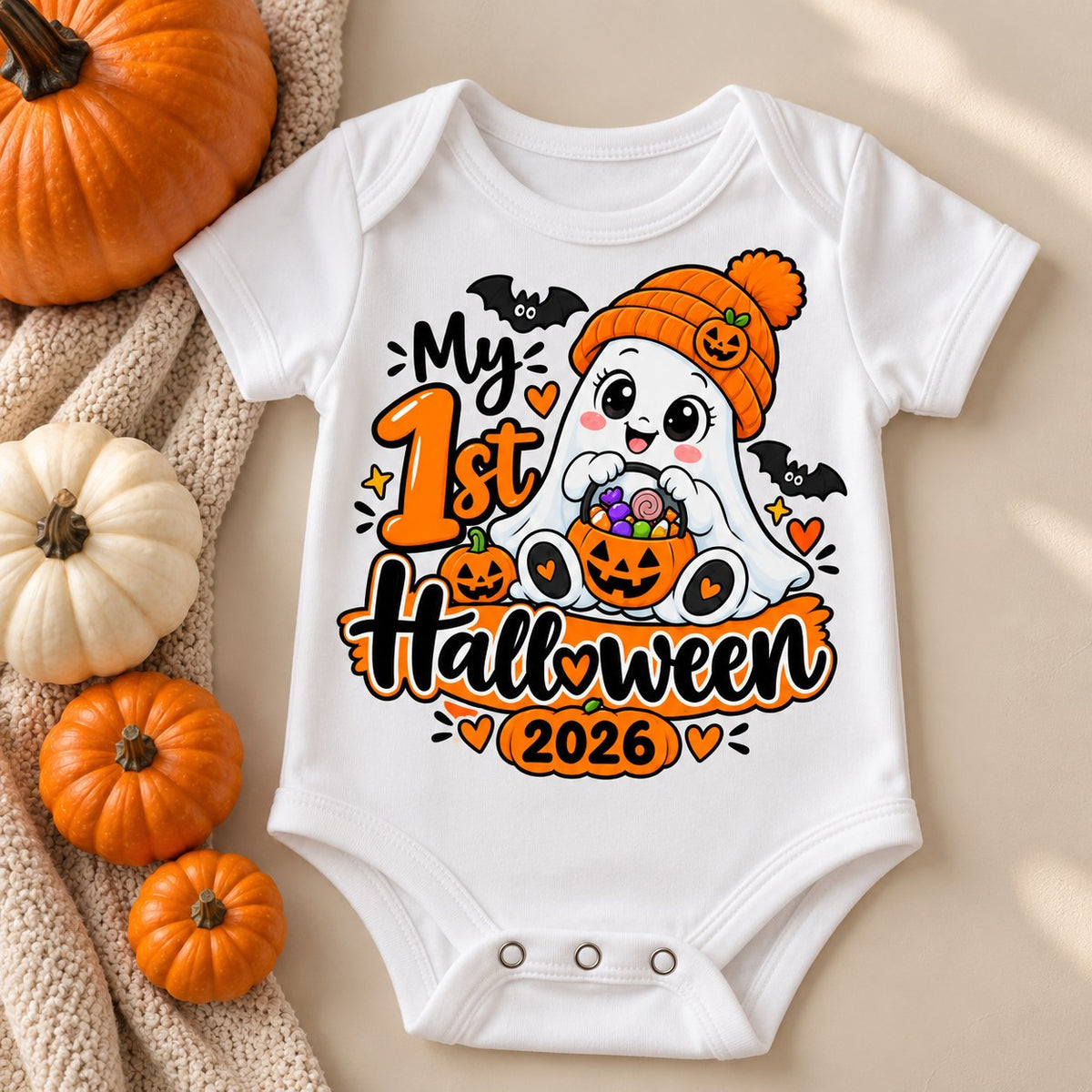 White baby bodysuit with a ghost in an orange beanie holding a candy bucket and the text My 1st Halloween 2026