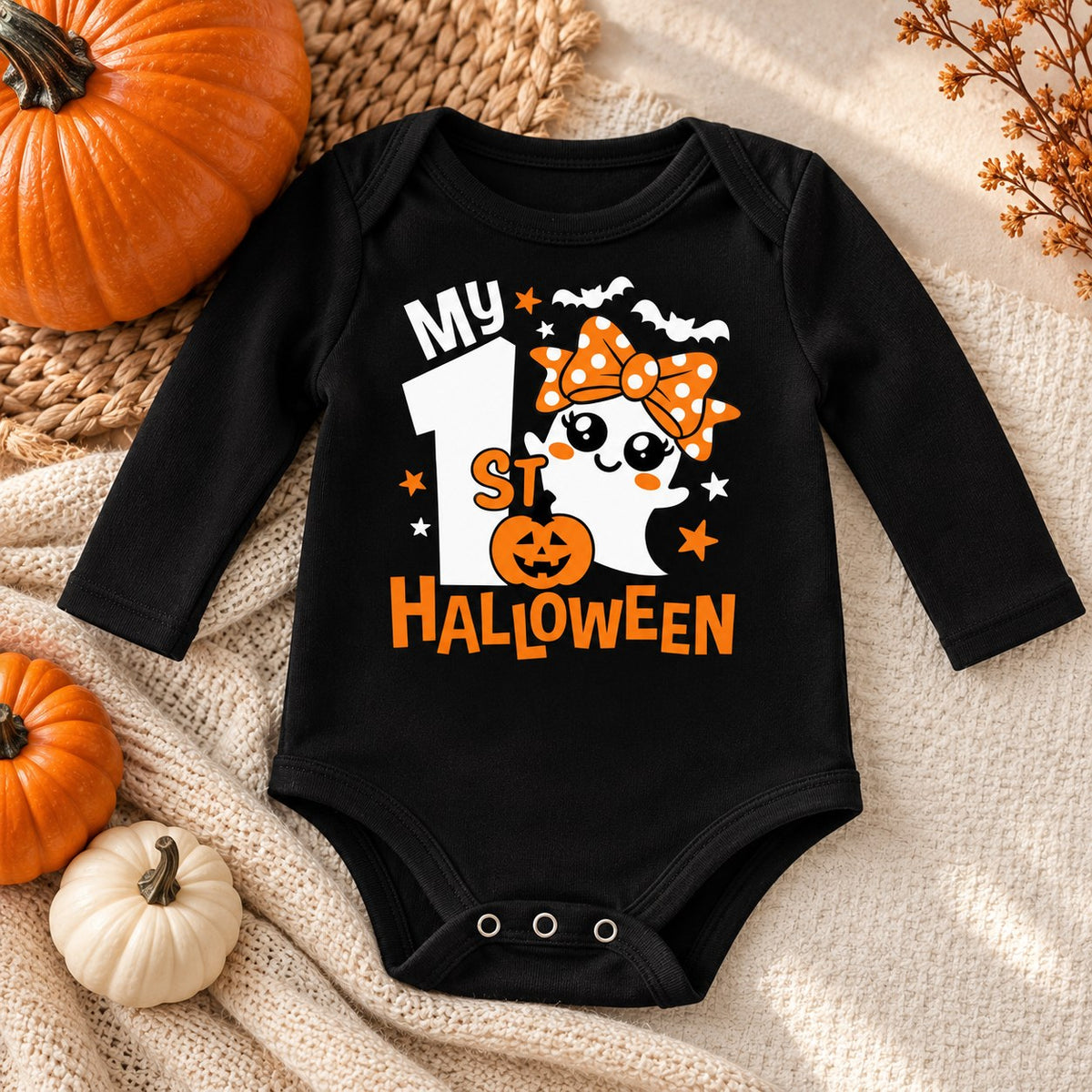 Black long sleeve baby bodysuit with a ghost wearing an orange bow and My 1st Halloween lettering