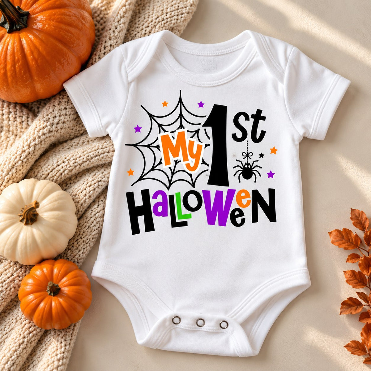 White baby bodysuit with colorful My 1st Halloween lettering and a spider web