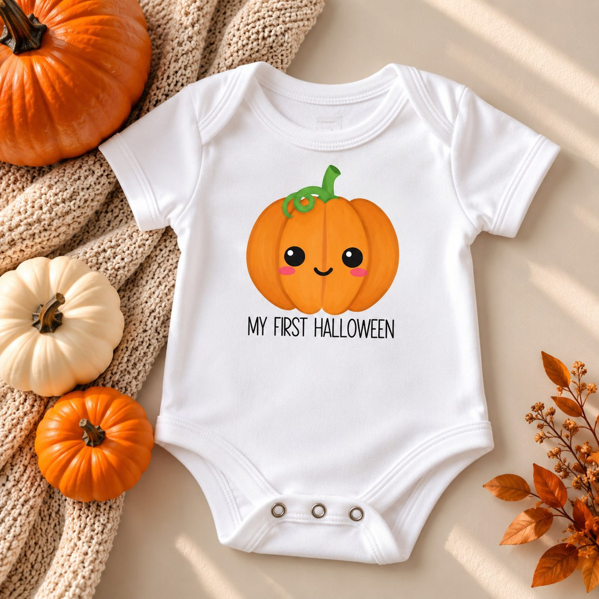 White baby bodysuit with a smiling pumpkin and the words My First Halloween
