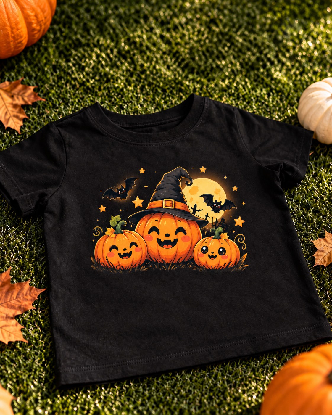 Black kids Halloween t-shirt with grinning pumpkins, one in a witch hat, with bats and a full moon